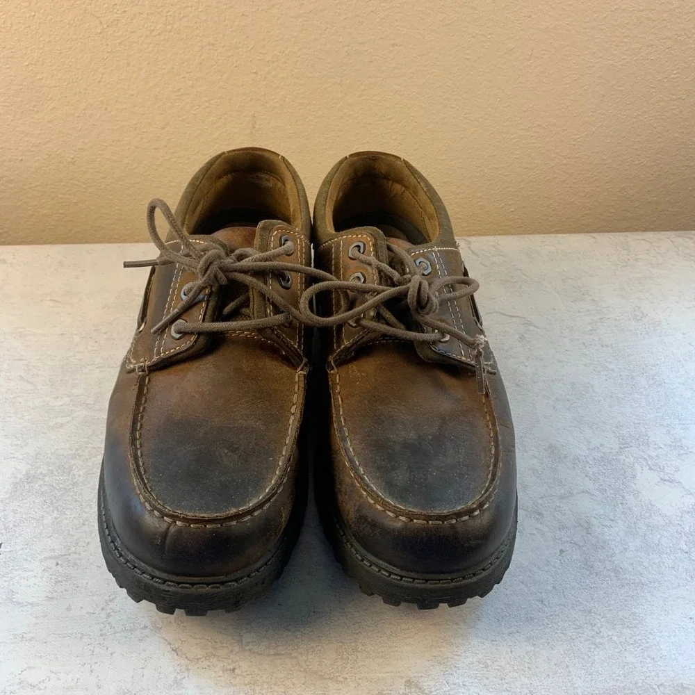 Chaps Leather‎ Boat Shoes Men's 11M Brown Lace Up Moc Toe Lug Sole Casual